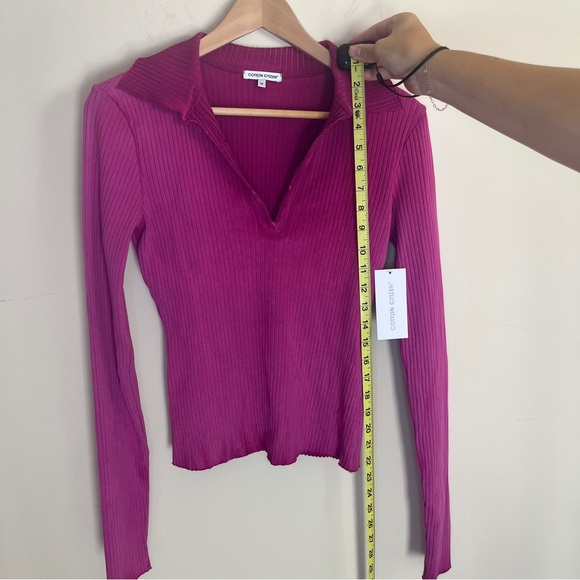NWT Cotton Citizen Magenta Ibiza Polo overdyed ribbed v-neck long sleeve Medium - Picture 2 of 6